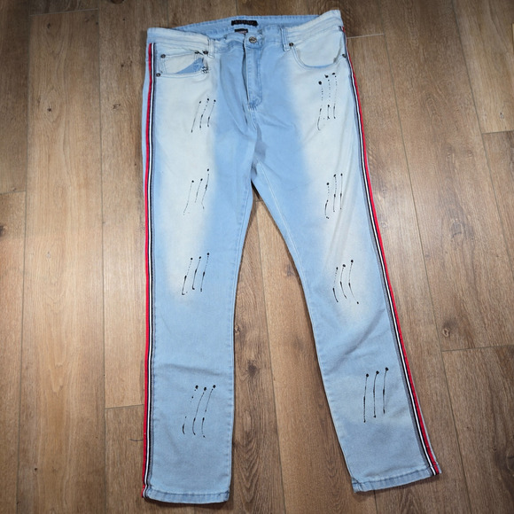 M Society Jeans 40x32 Blue Skinny Fit Distressed Paint Splatter Red Side Stripe - Picture 2 of 10
